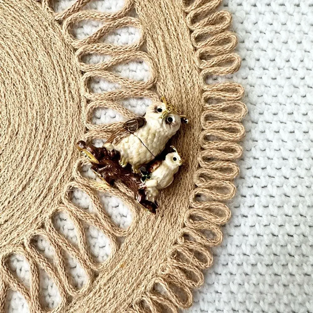 Pier 1 Imports NIB Mother and Baby Owl Cloisonne Miniature Trinket Box 4208996